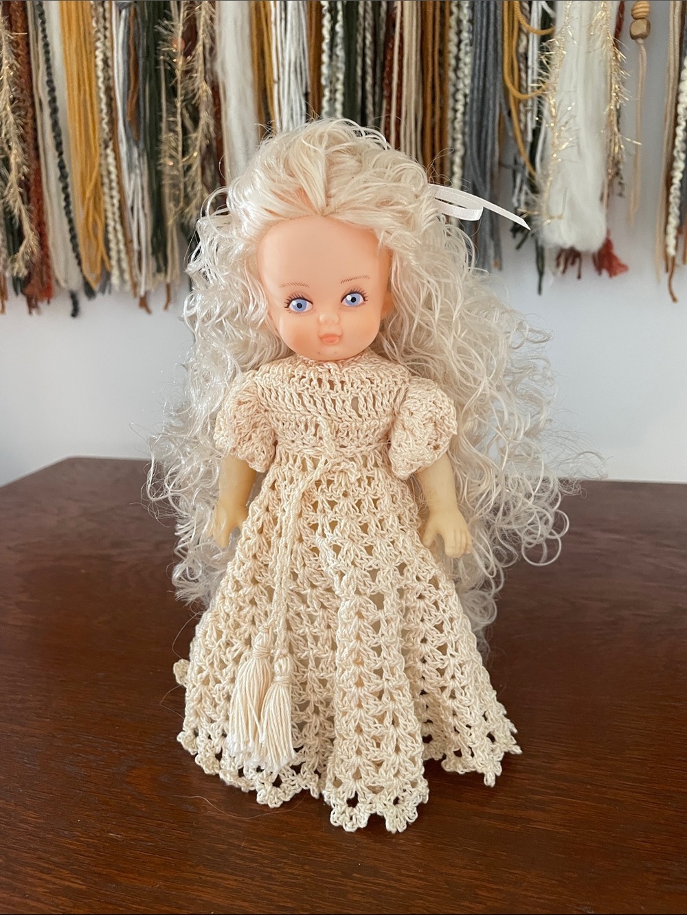 Vintage Styled Cream Crochet Dress Doll with Blonde Hair air freshener cover